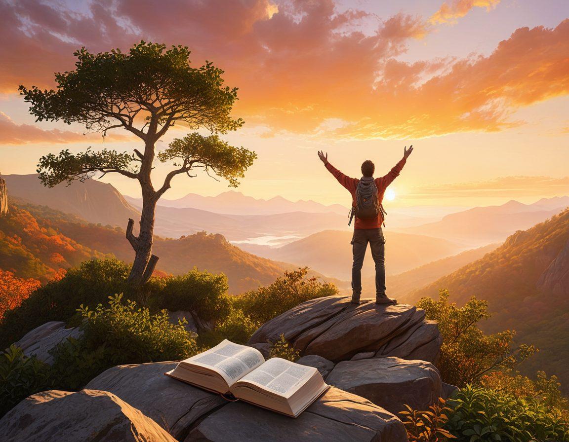 A confident man standing on a mountain peak, arms raised in triumph, surrounded by nature symbolizing empowerment and personal growth. Incorporate elements such as a sunrise in the background, trees representing wellness, and scattered books symbolizing knowledge. The scene should evoke a sense of achievement and positivity. vibrant colors. super-realistic.