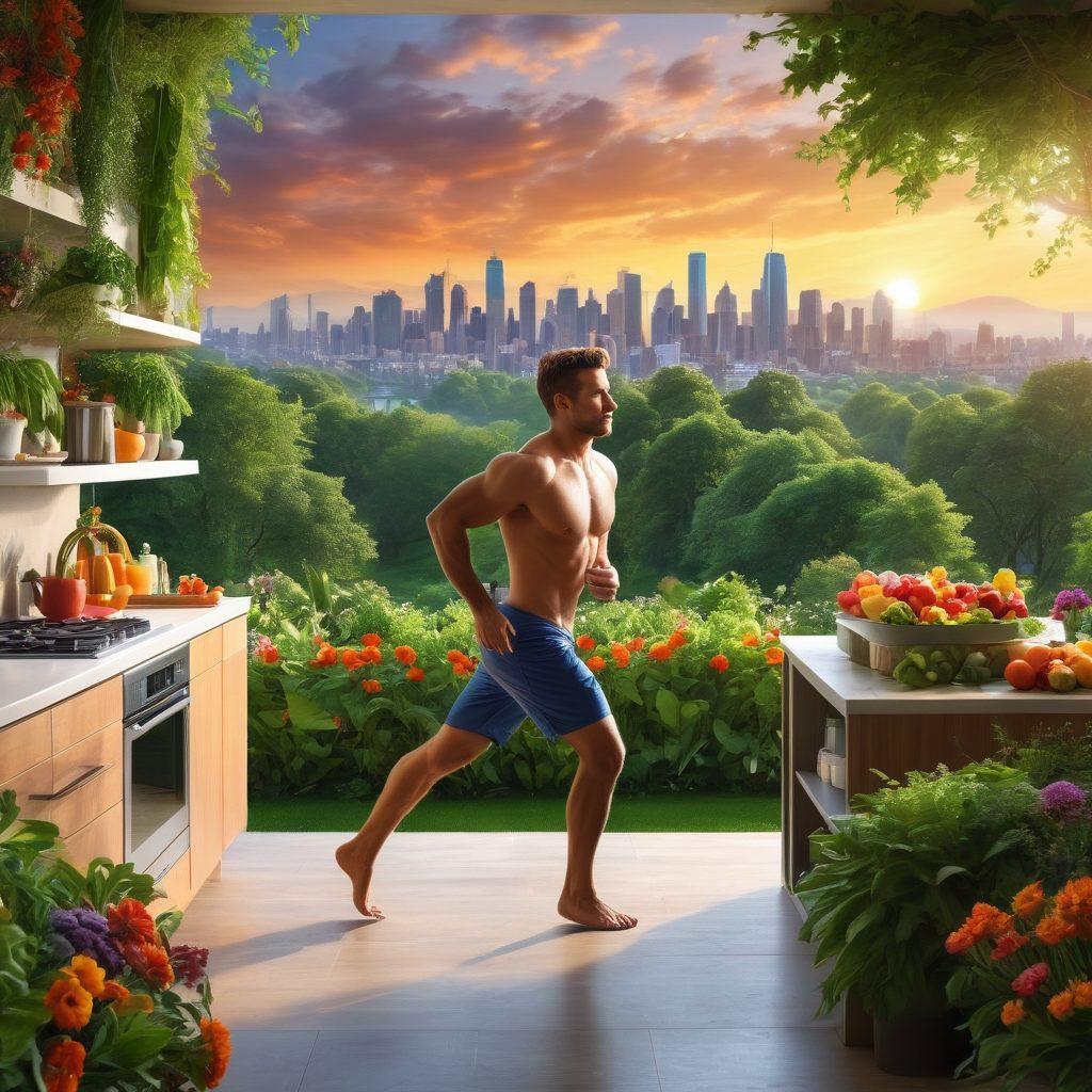 A dynamic scene depicting an active man engaging in various wellness activities, such as jogging in a park, practicing yoga on a rooftop, and cooking healthy meals in a modern kitchen. The background should showcase a vibrant city skyline blending nature and urban life. Include elements like fitness gear, fresh fruits, and motivational items to symbolize a holistic lifestyle. The energy of the image should inspire viewers to elevate their own well-being. super-realistic. vibrant colors. 3D.